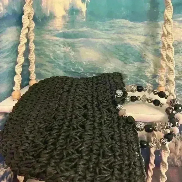 Kelly & Katie Woven Black Shoulder Bag Tote with Round Beaded Handles - Picture 11 of 17